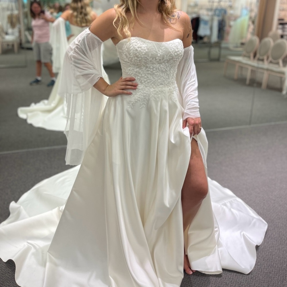 embroidered pleated satin ball gown wedding dress